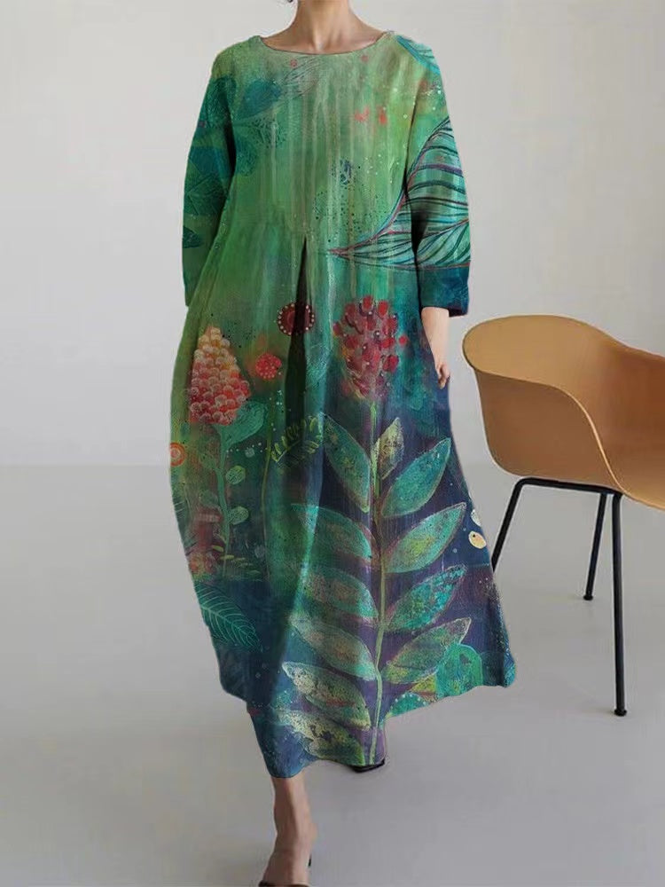 Casual Round Neck Printed Linen Cotton Long Sleeve Spring Dresses
