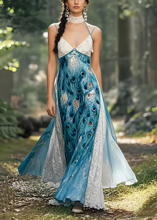 Women's Beach Peacock Blue Print Patchwork Oversized Hem Cami Tank Dress Summer