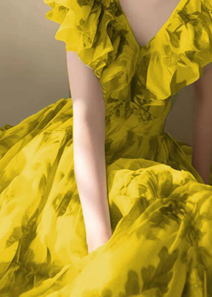 Women's Italian Yellow V-Neck Printed High Waist Sleeveless Dress Spring Summer