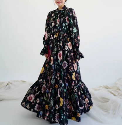 French Stand Neck Tie Printed Floral Flared Sleeve Swing Dress