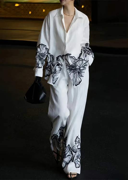 White Peter Pan Collar Printed Linen Two Piece Set