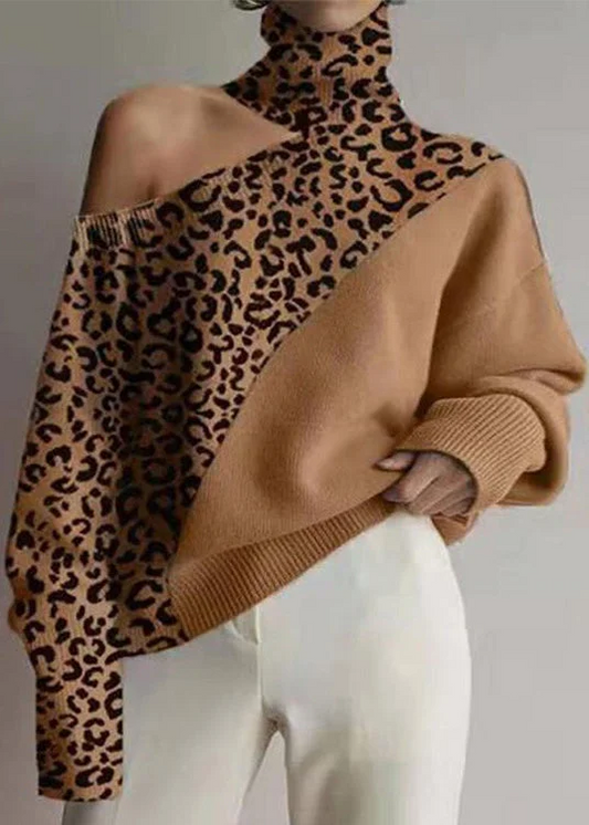 Women's Leopard Print High Neck Off Shoulder Cozy Knit Sweater Fall
