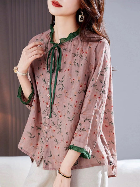 Casual Printed Color Clash Tie Cardigan Cotton Shirt Top