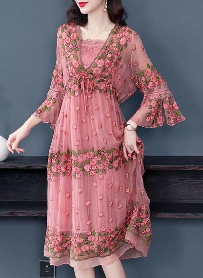 Embroidered Lace-Up Flared Sleeve Dress