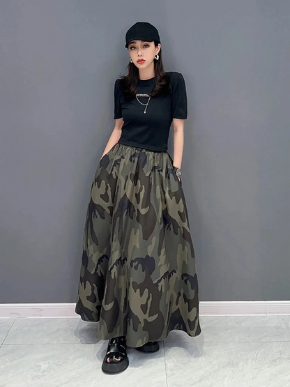 Italian Women's Elastic Waist Camouflage A-Line Skirt
