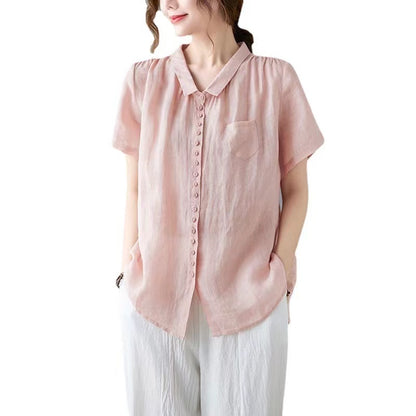 Vintage Collar Buttoned Linen Shirt Long Sleeve Top