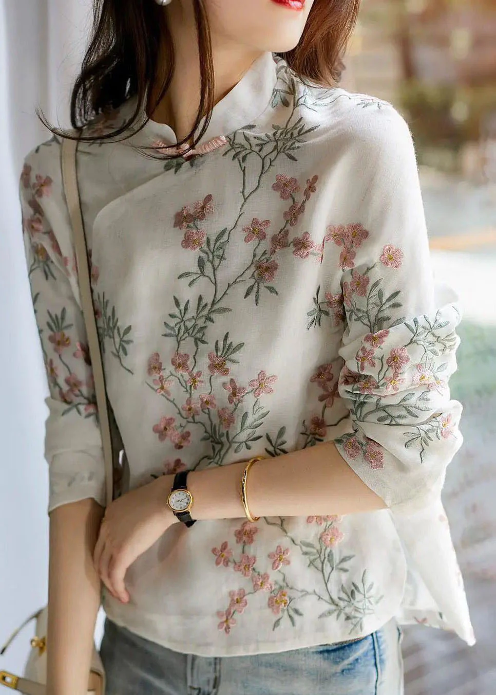 Classic Beige Printed Simple Embroidered Shirt