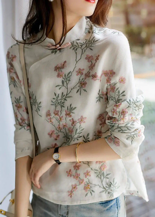 Classic Beige Printed Simple Embroidered Shirt
