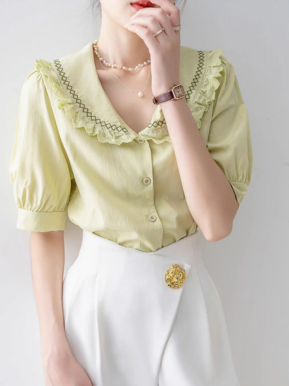 Vintage Lapel Neck Embroidered Lace Short Sleeve Blouse Top