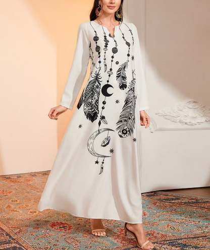 French Romantic V-neck Printed Cotton Linen Long Sleeve Long Dresses