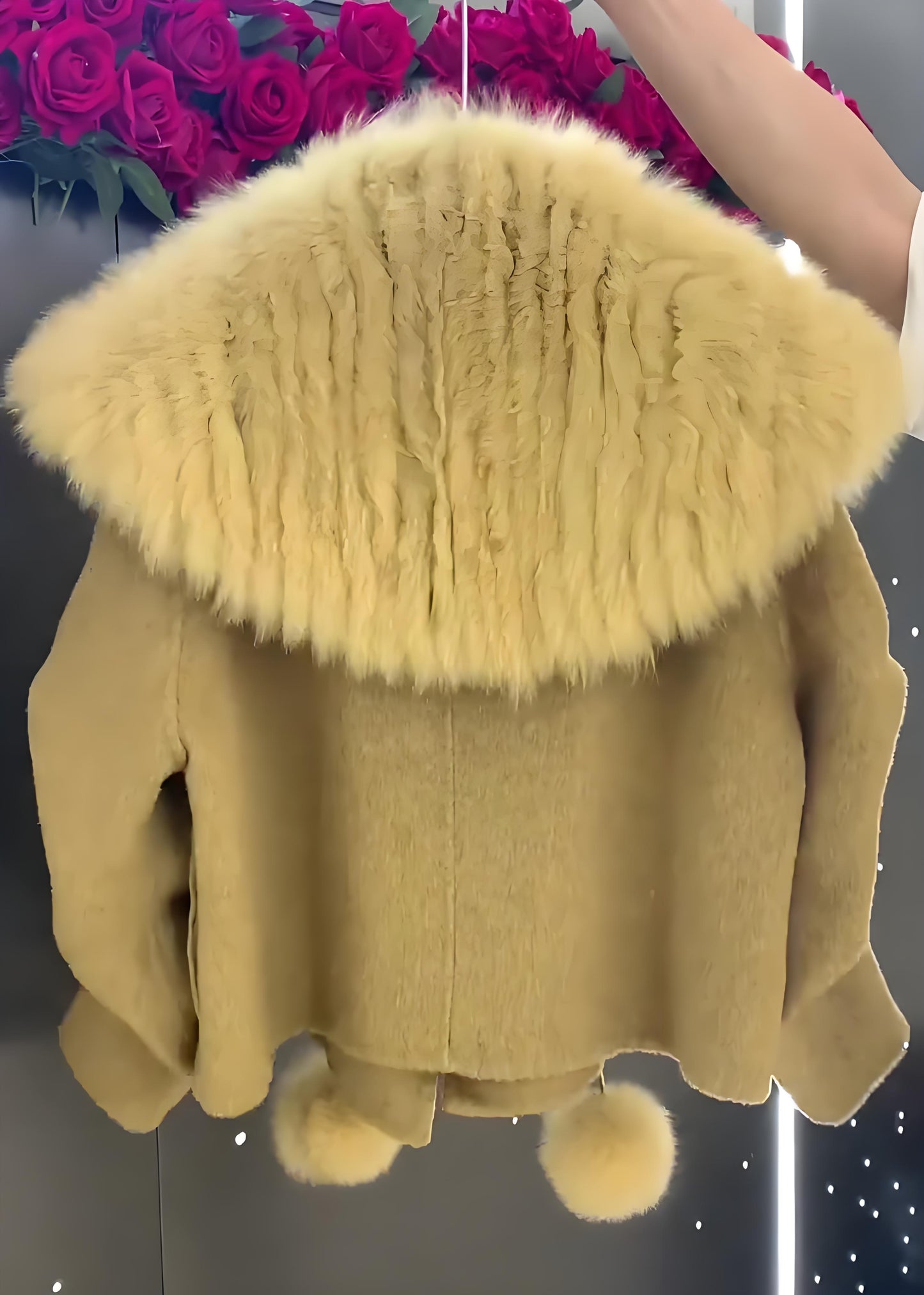 Women's Gray Hair Collar Pom Pom Trimmed Wool Coat