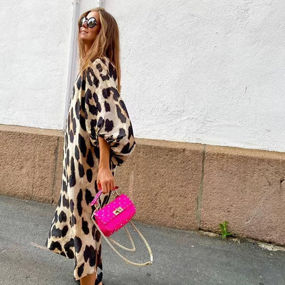Loose V Sexy Neck Leopard Print Lantern Sleeve Dress