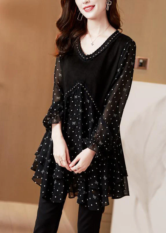 Polka dot black v-neck patchwork layered design chiffon long sleeve top