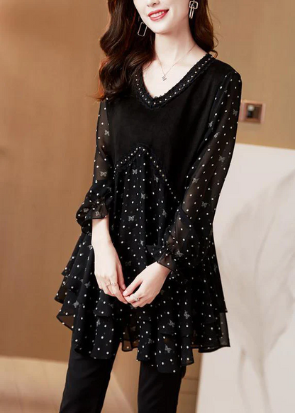 Polka dot black v-neck patchwork layered design chiffon long sleeve top