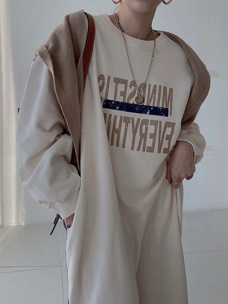 Women's Big Size Fashion Letter Printed Denim Patchwork Long Sleeve Sweatshirt Dress Spring