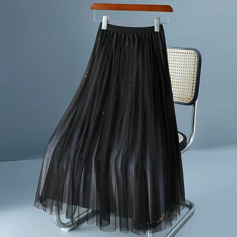 Elegant Star Gradient Mesh Pleated Skirt