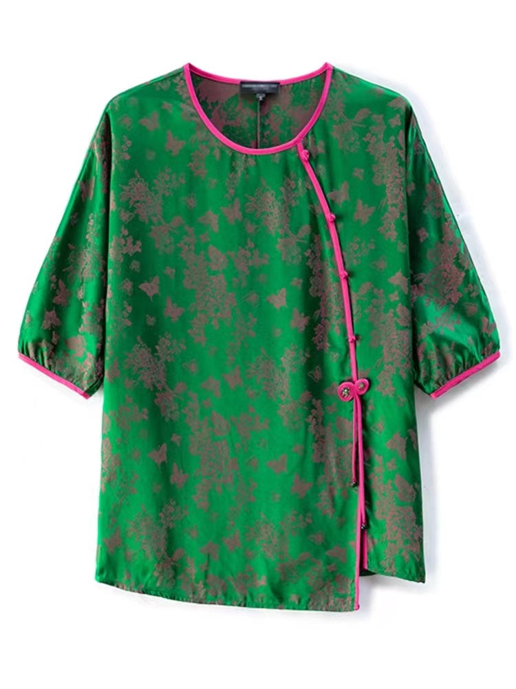 Chinese Printed Color Clashing Asymmetric Short Sleeve Shirt Top