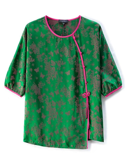 Chinese Printed Color Clashing Asymmetric Short Sleeve Shirt Top