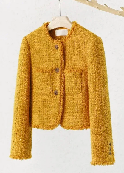 Women's Party New Yellow O Neck Button Pocket Cotton