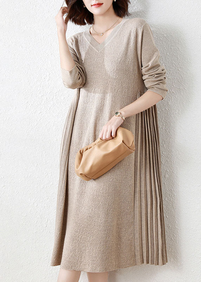 Italy V-Neck Patchwork Crinkle Wool Long Knit Dress Long Sleeve