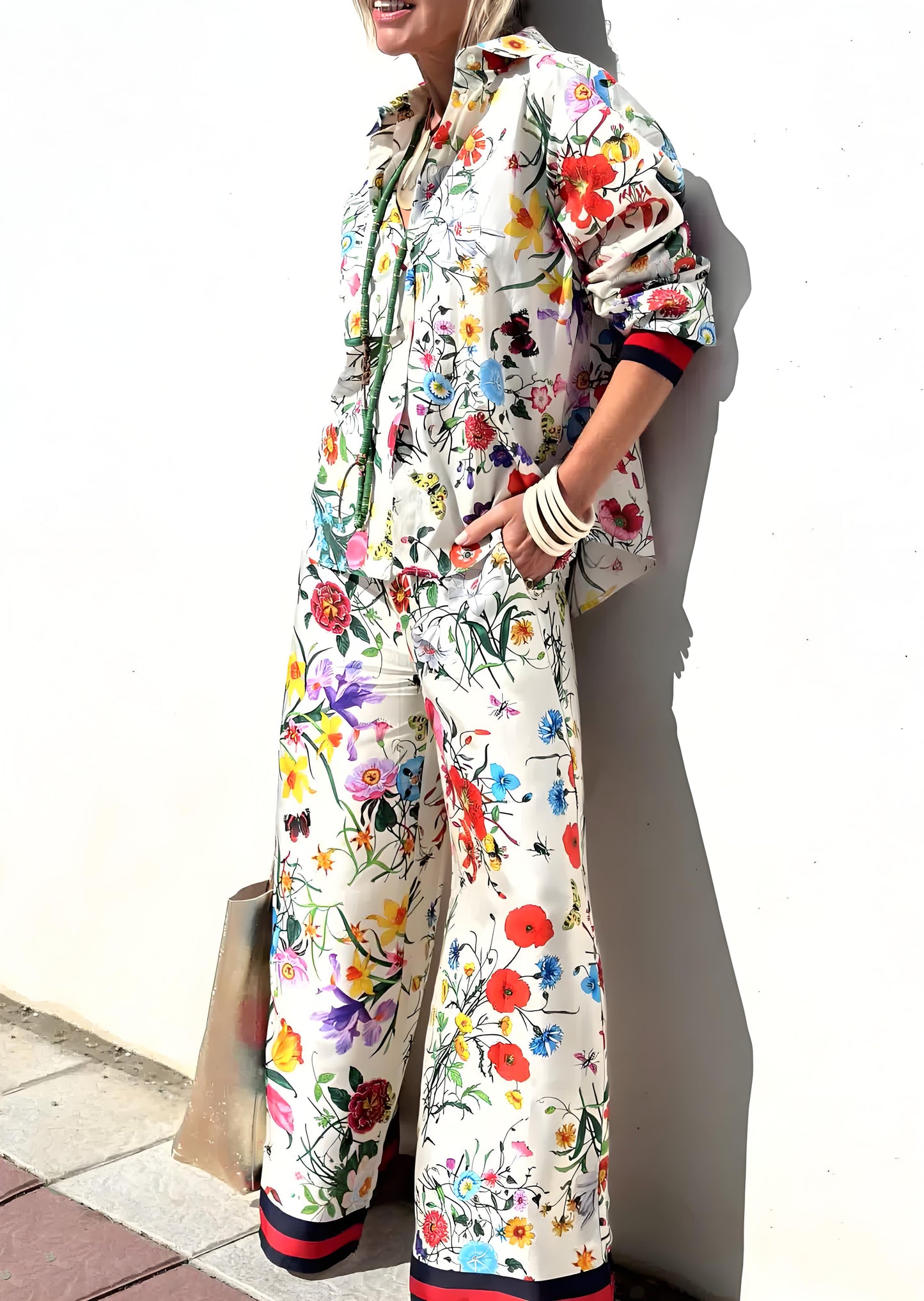 Women's Beach Peter Pan Collar Printed Pocket Silk Two Piece Set