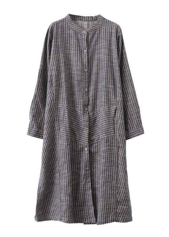 Gray Striped Linen Tunic Tunic Stand A-Line Skirt Dress