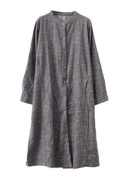 Gray Striped Linen Tunic Tunic Stand A-Line Skirt Dress