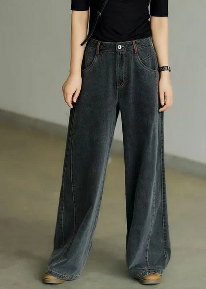 Women's High Waist Pocket Cotton Denim Wide Leg Pants Spring