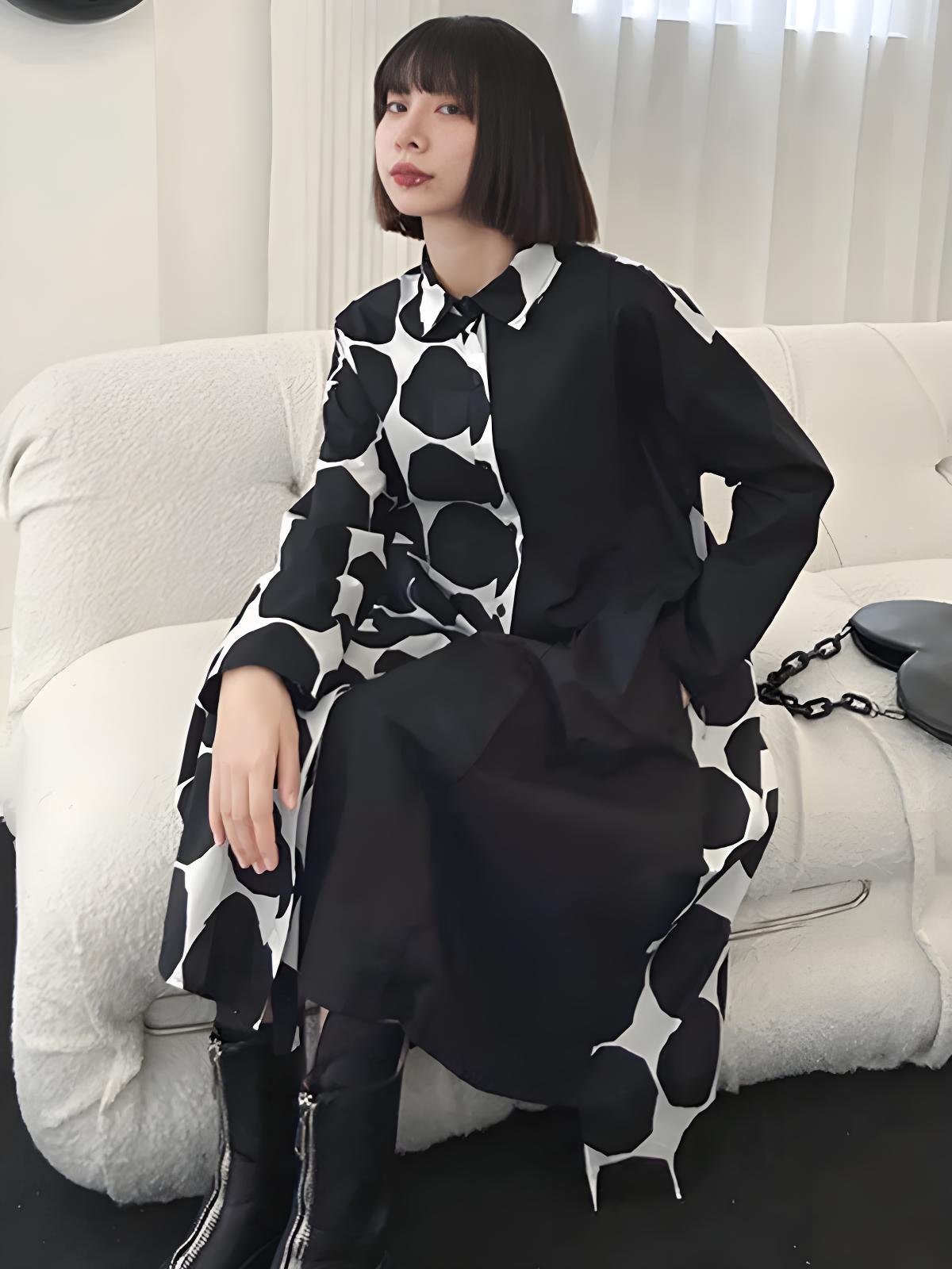 Irregular Polka Dot Splicing Button Lapel Long Sleeve Dress Spring