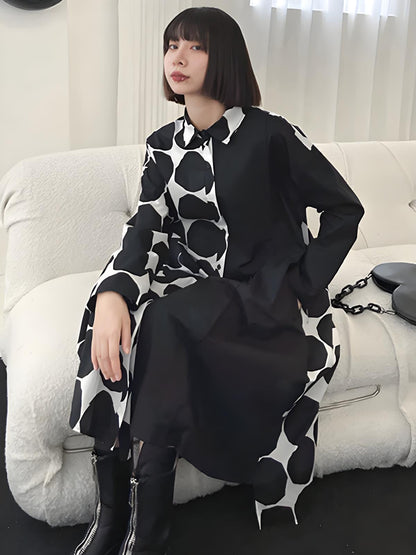 Irregular Polka Dot Splicing Button Lapel Long Sleeve Dress Spring