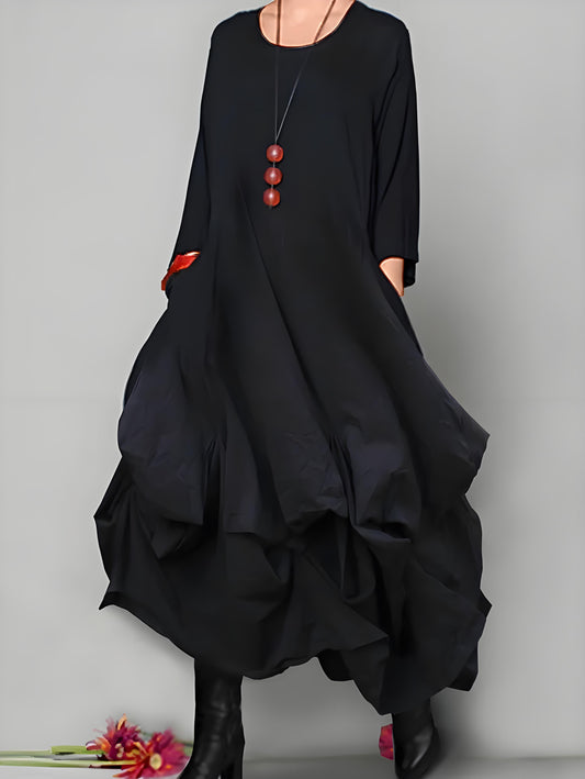 Women's Round Neck Loose Asymmetric Hem Midi Dresses