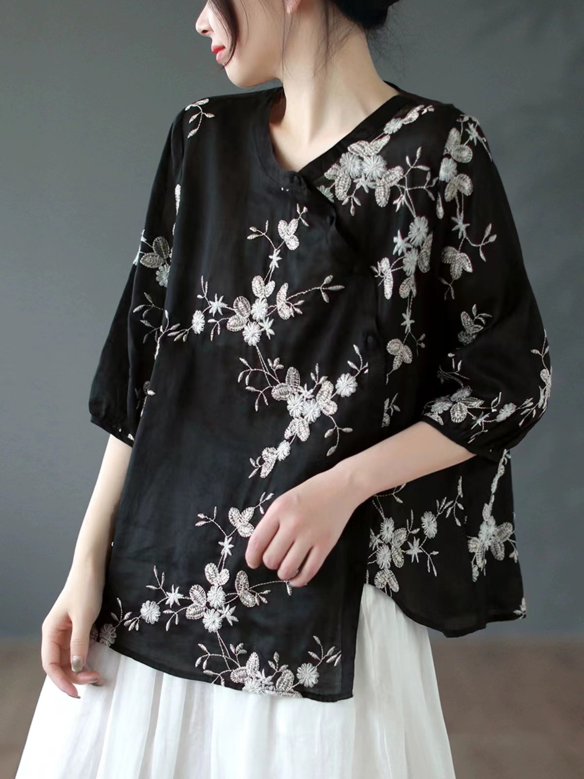 Asymmetric Button Embroidered Floral Linen Shirt