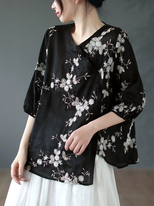 Asymmetric Button Embroidered Floral Linen Shirt