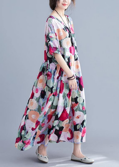 Loose Floral Half Sleeve Skinny Waist Long Dresses