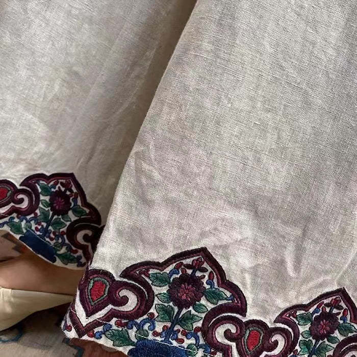 Geometric Embroidered Cotton Linen Wide Leg Pants