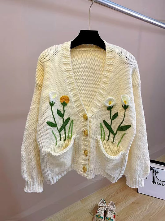 Women's Floral Cardigan Knit Sweater Jacket Winter