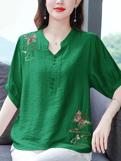Loose Standing Collar Embroidered Button Cotton Short Sleeve Shirt Top