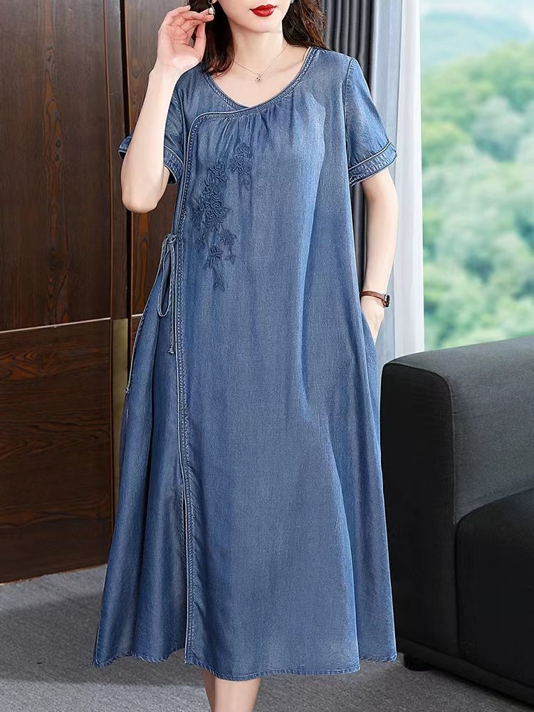 Vintage Asymmetrical Tie Embroidered Short Sleeve Denim Dress