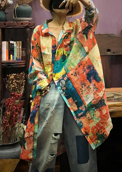 Lapel Geometric Print Patchwork Linen Shirt Long Sleeve