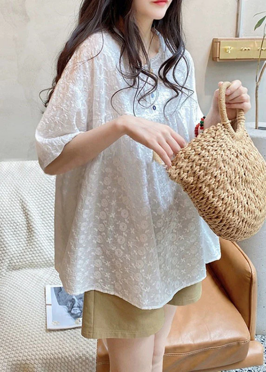 Elegant Round Neck Lace Patchwork Blouse Short Sleeve Top