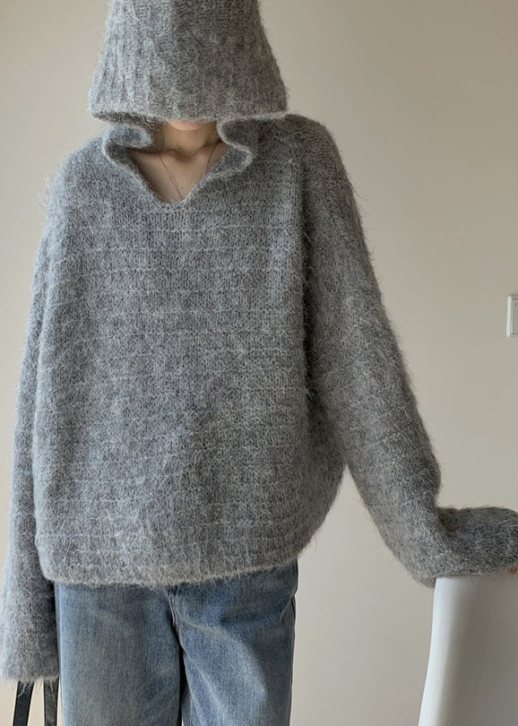 Italian Gray Cotton Hooded Knit Long Sleeve Sweater