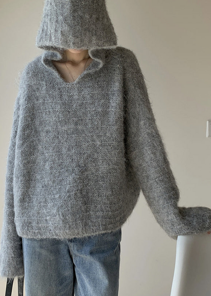 Italian Gray Cotton Hooded Knit Long Sleeve Sweater