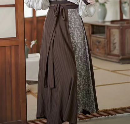 Elegant Printed Spliced Stripe Tie Pleated Skirt