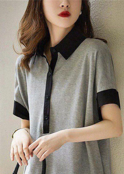 Clashing Black Peter Pan Collar Button Cotton Dress Short Sleeve