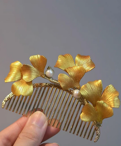 Women's Yellow Sterling Silver Gold Plated Ginkgo Biloba Hair Clips Hundred