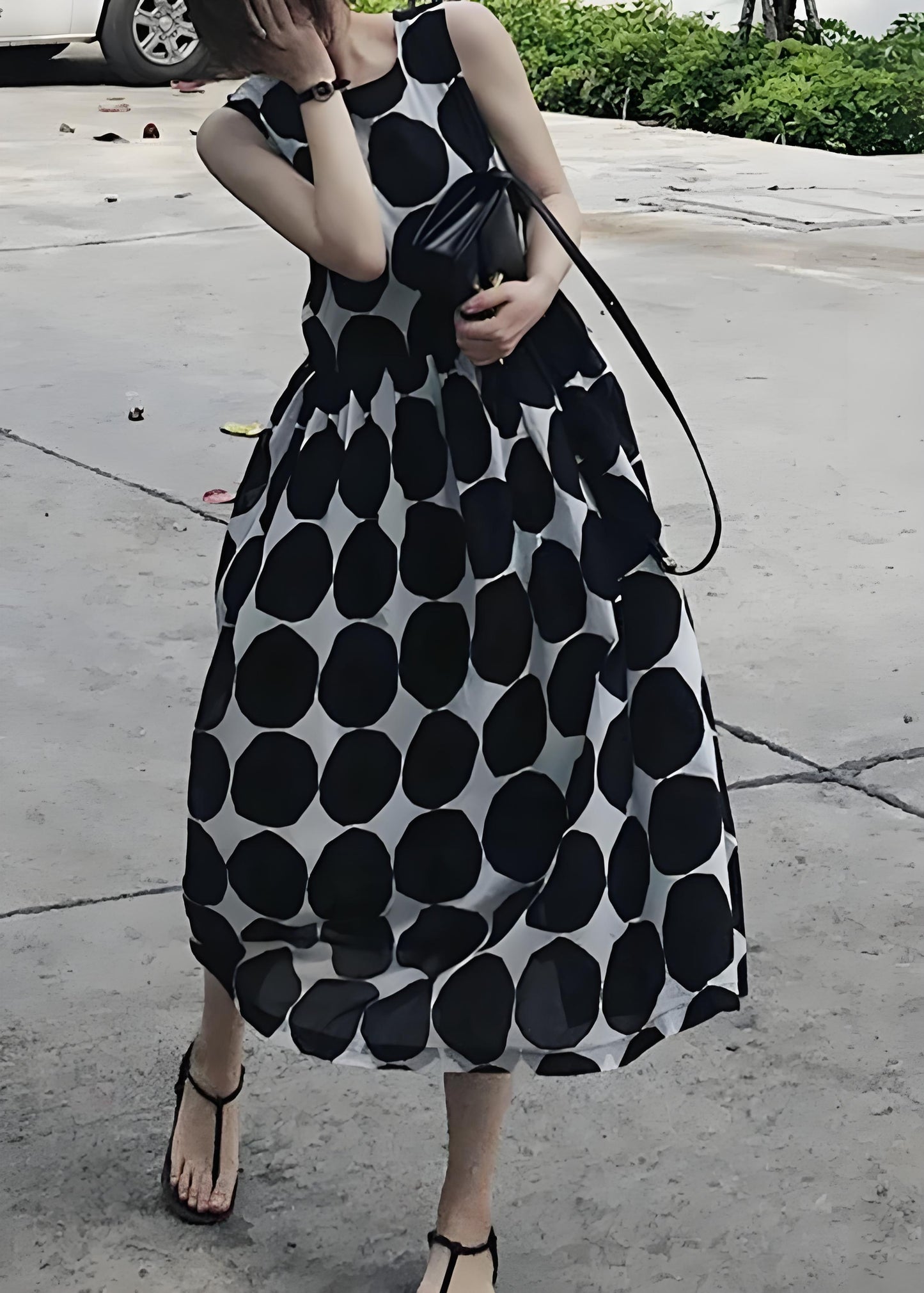Women's Big Size Black Square Neck Dot Chiffon Long Dress Summer