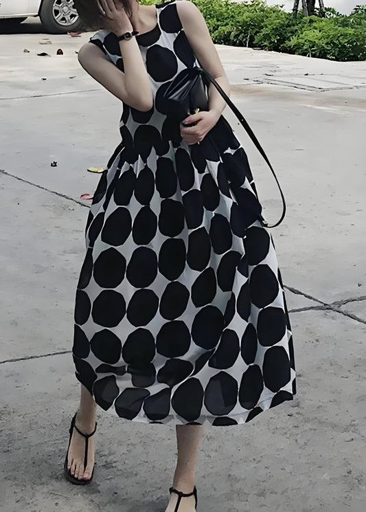 Women's Big Size Black Square Neck Dot Chiffon Long Dress Summer