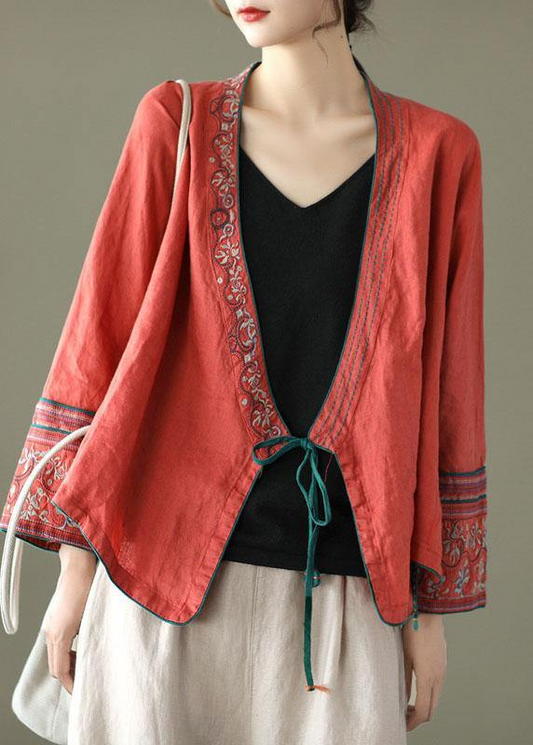Women's Embroidered Long Sleeve Linen Tie Shirt