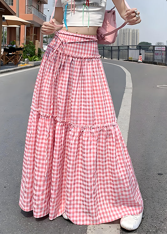 Women's Big Size Pink Ruffle Plaid Patchwork Cotton Half-body Skirt Summer