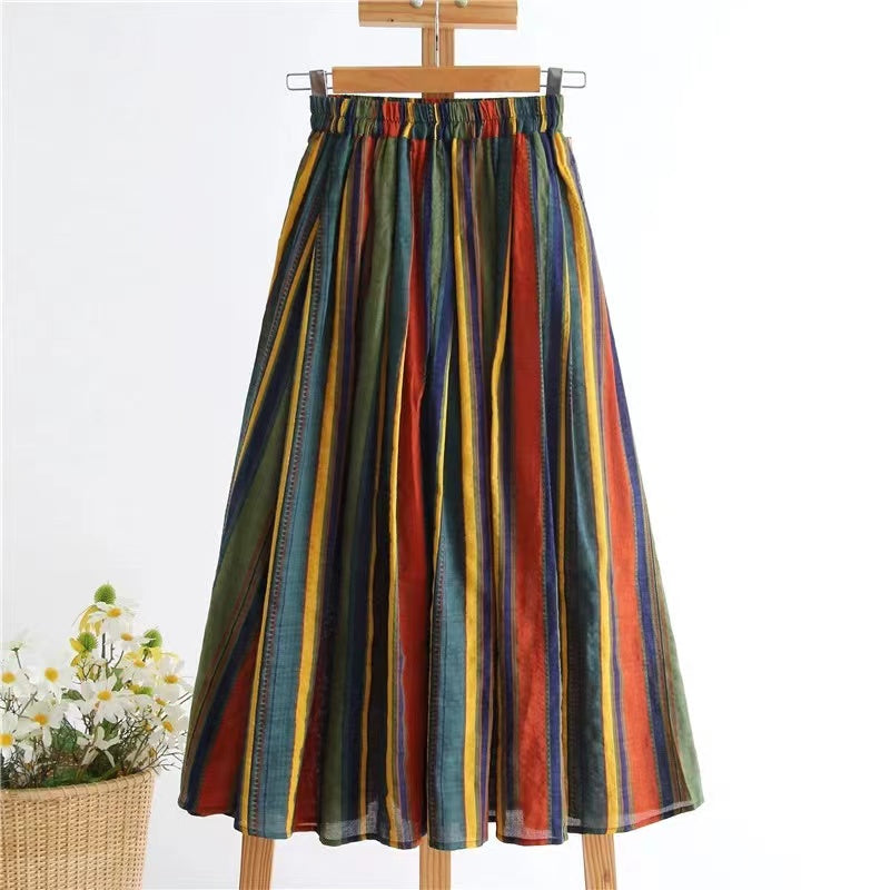 Colorblocked Striped Vacation Cotton A-Line Skirt